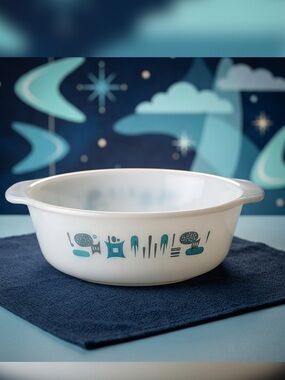 Vintage Fire King Blue Heaven Casserole Dish 8" MCM Atomic Milk Glass